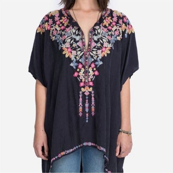 Johnny Was Alia Cupra Blue Multicolor Design Embroidered Poncho Boho Modern - Picture 2 of 16